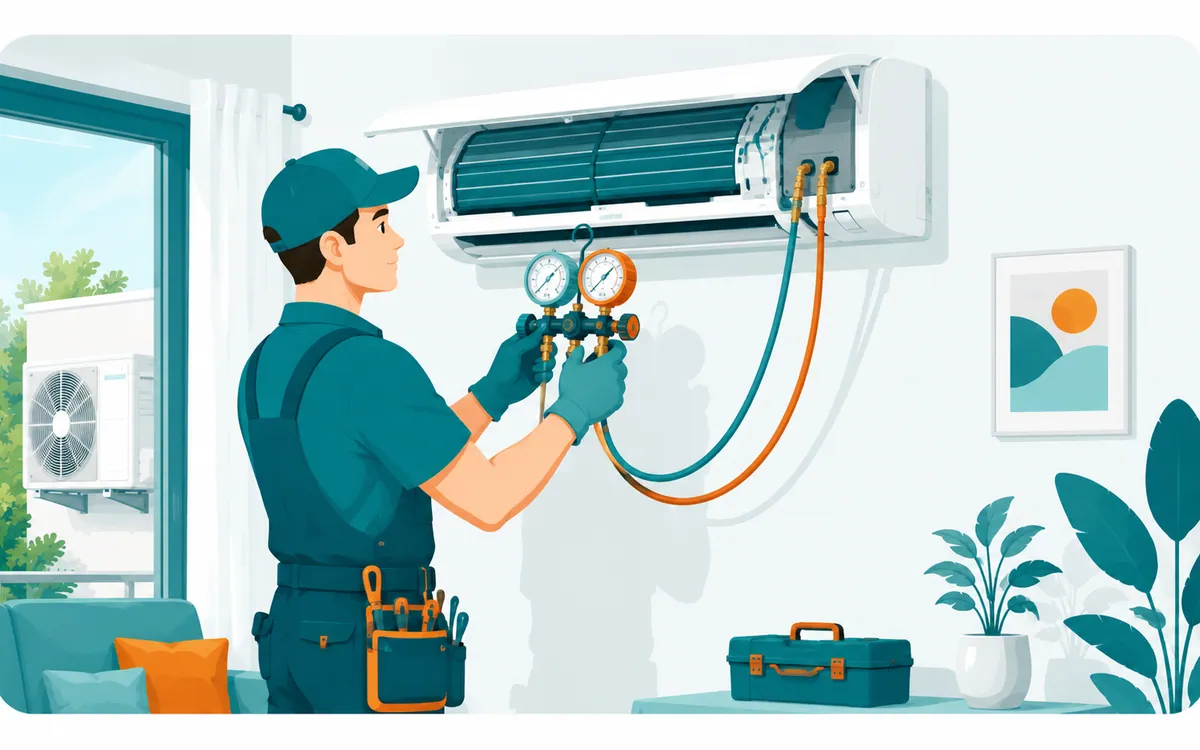 Técnico midiendo la presión del gas de un aire acondicionado con manómetros en Eibar